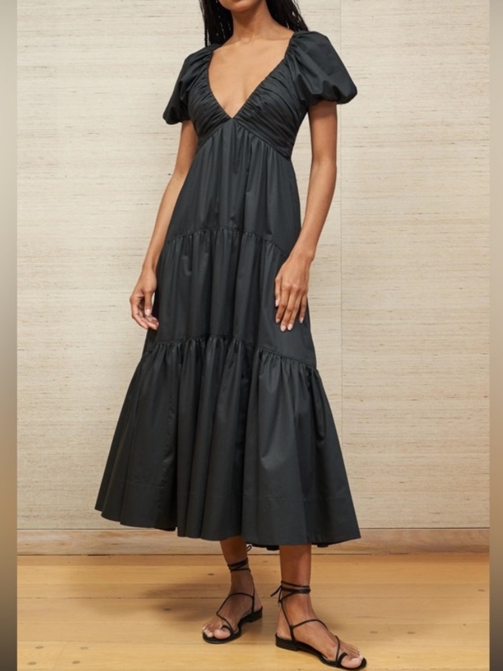 NEW La Ligne Ina Tiered Midi Dress Black Size XL/14 Smocked-Waist Deep-V New